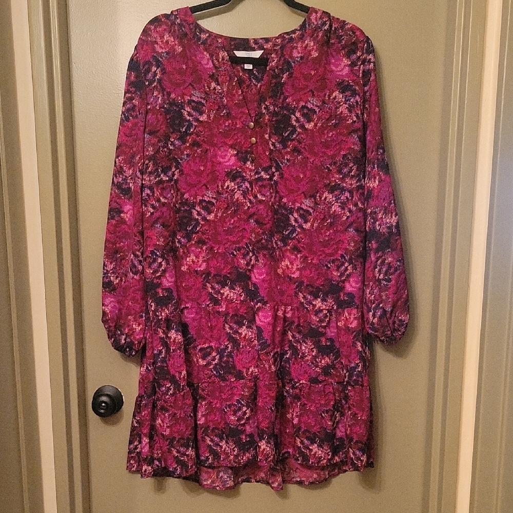 Time and Tru Vibrant Pink Floral Long Sleeve Dress